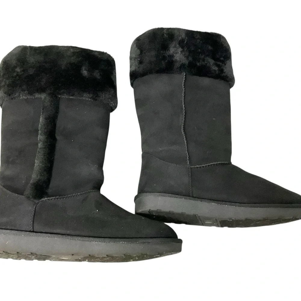 Black Bootie Faux Suede Fur Lined SZ 8 Women‎ Rubber Sole Winter Snow Slip On